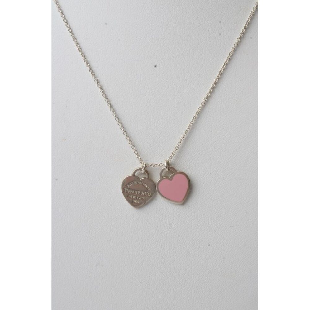 Tiffany & Co Womens 925 Silver Pink Enamel Double Heart Tag Necklace 16" 2.5g